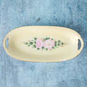 Vintage KPM Porcelain Pink Rose Floral Handled Serving Tray Platter Gold Trim
